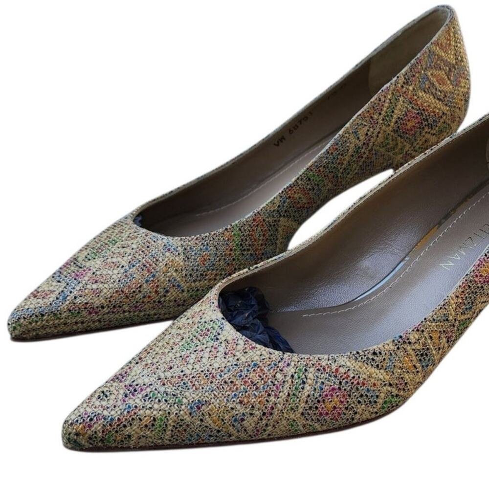 Stuart Weitzman Multicolor Geometric Woven Texture Kitten Heels 7.5 - Picture 6 of 10